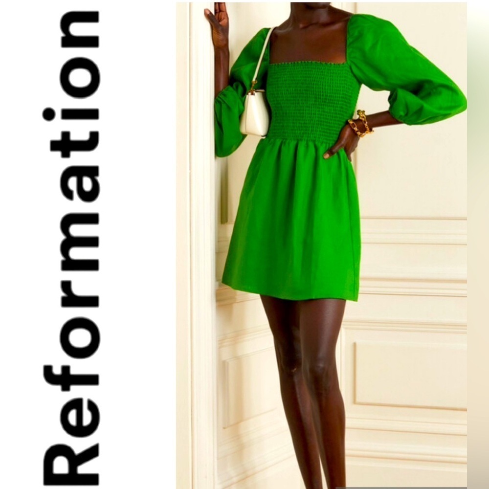 Reformation Emerald Green Long Sleeve Smocked Mini Dress